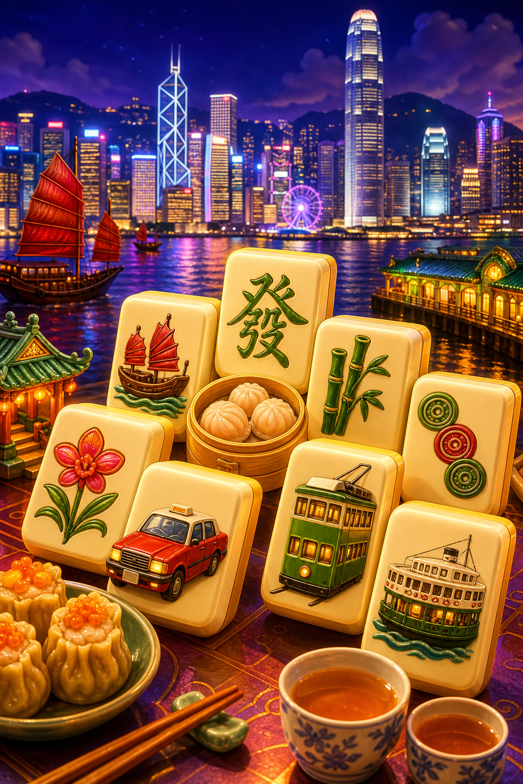港雀 3D game concept，包含香港夜景與麻雀牌元素